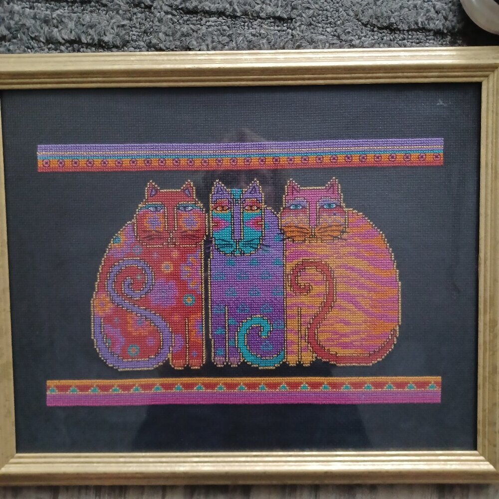 Laurel Burch Completed And Framed Feline Friends Cross Stitch